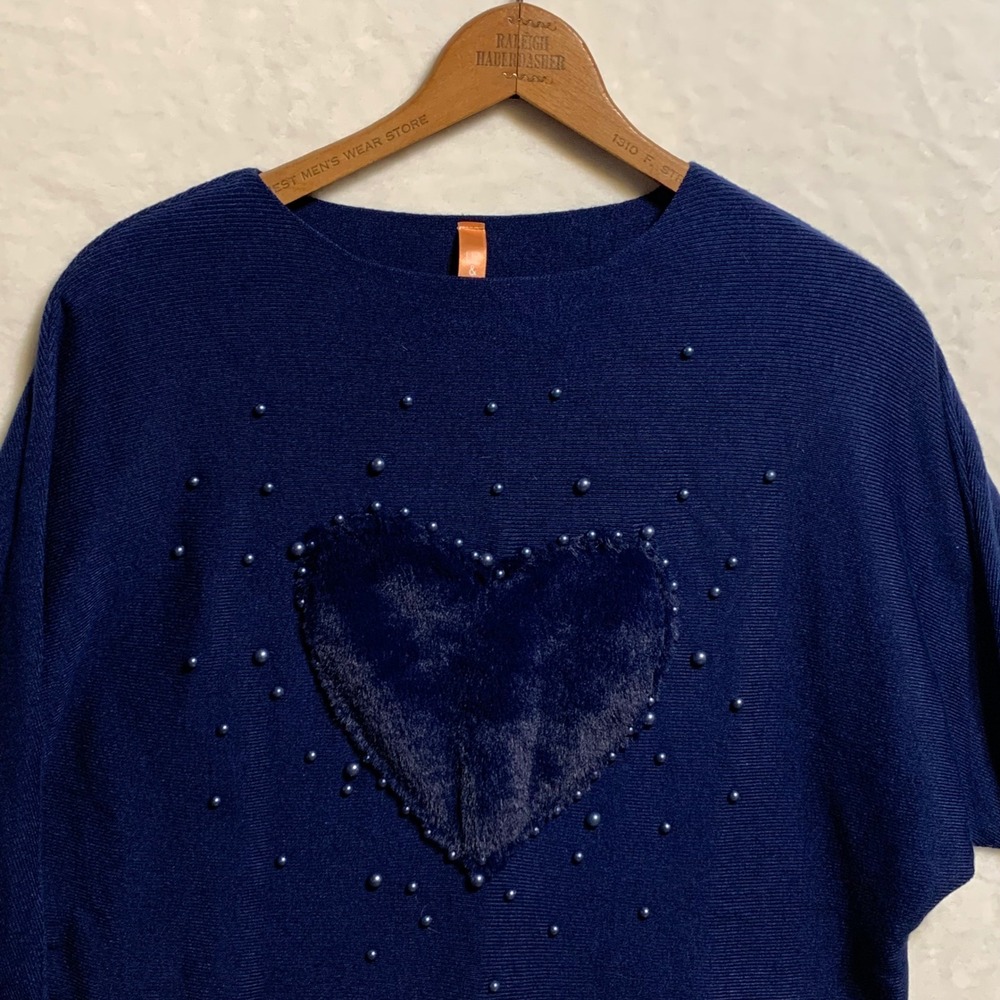 Valentines Day Navy Blue Sweater Faux Fur Heart Pearl Embellished V-Day Womens L - Picture 2 of 7